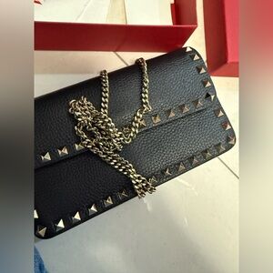 Valentino Garavani Black Leather Wallet with Gold Accents Rockstud